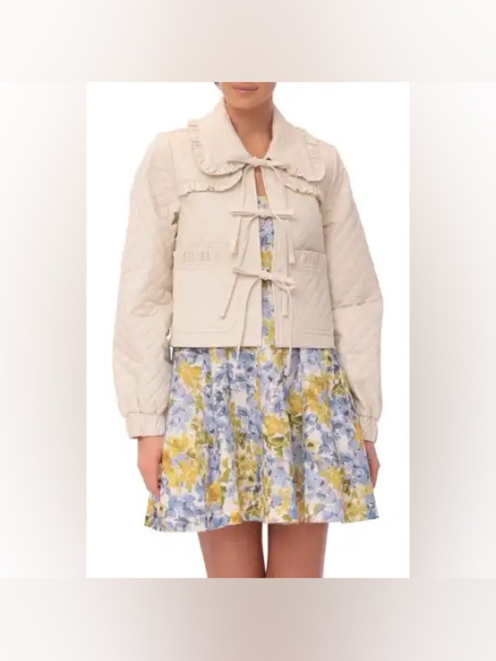 Avec Les Filles Cream Quilted Tie-Front Puffer Jacket